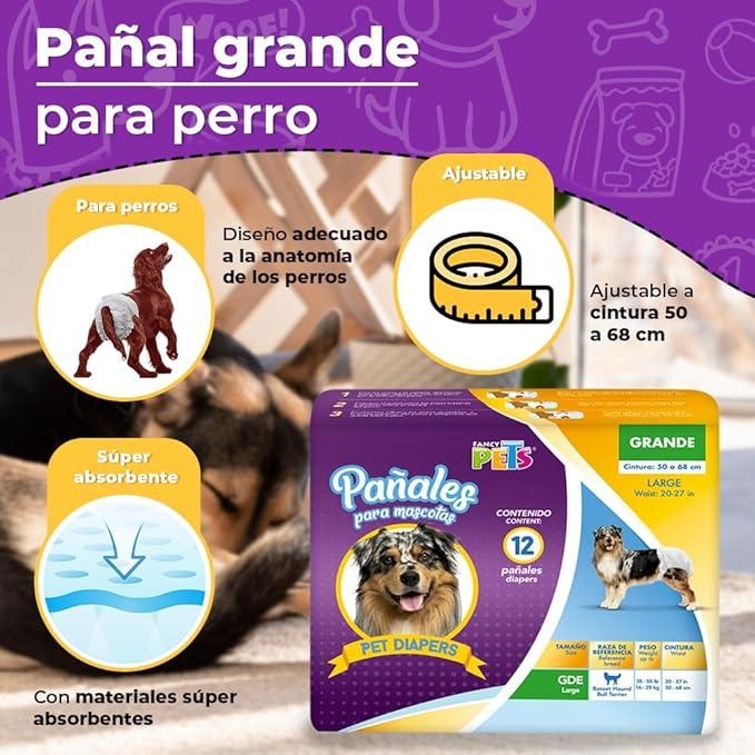 Fancy Pets Pañales Grandes para Perro – 12 Piezas, Ultra Absorbentes y Ajustables