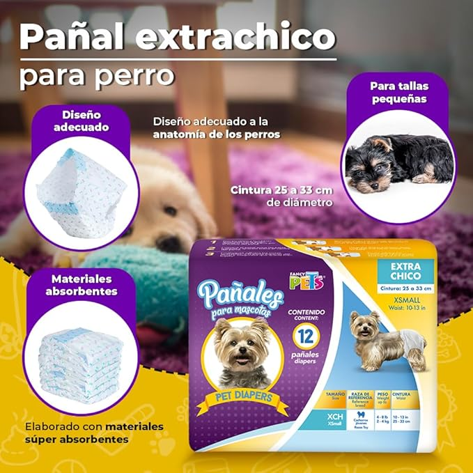 Fancy Pets Pañales Extra Chicos para Perro – 12 Piezas, Absorbentes y Ajustables