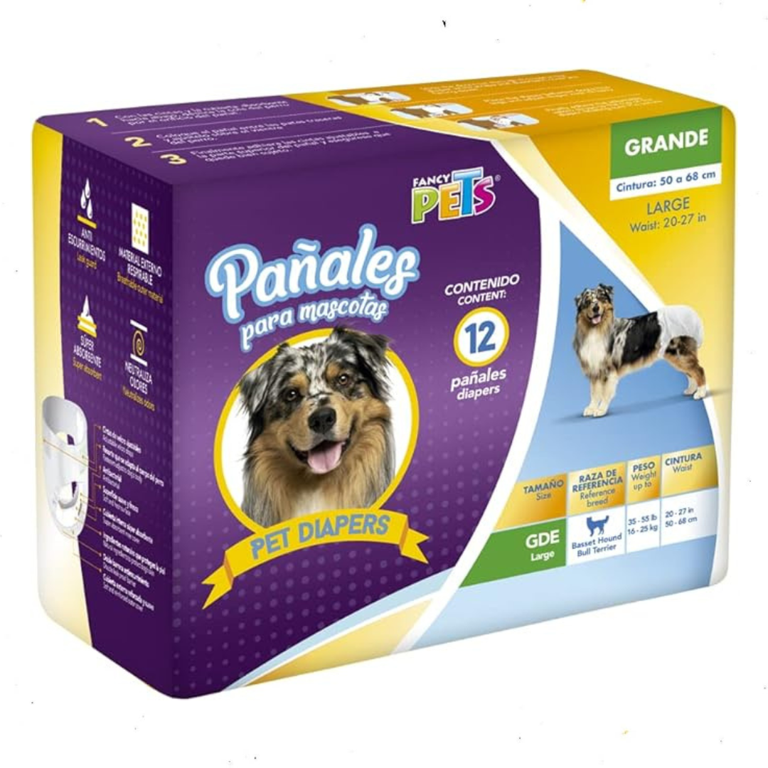Fancy Pets Pañales Grandes para Perro – 12 Piezas, Ultra Absorbentes y Ajustables