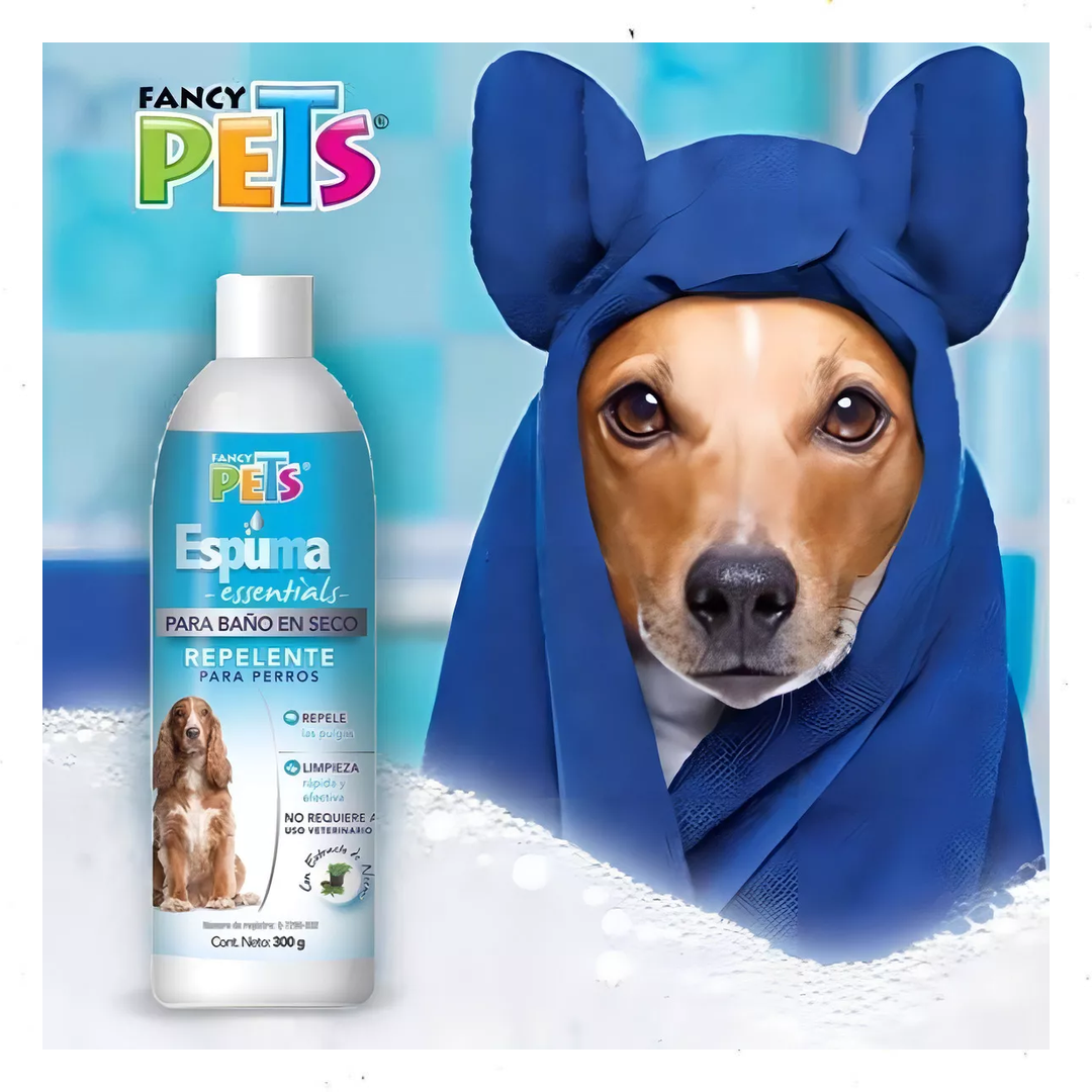 Espuma para Baño en Seco Fancy Pets – 300 g, Limpieza y Protección Repelente para Perros