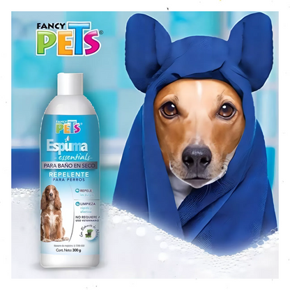 Espuma para Baño en Seco Fancy Pets – 300 g, Limpieza y Protección Repelente para Perros