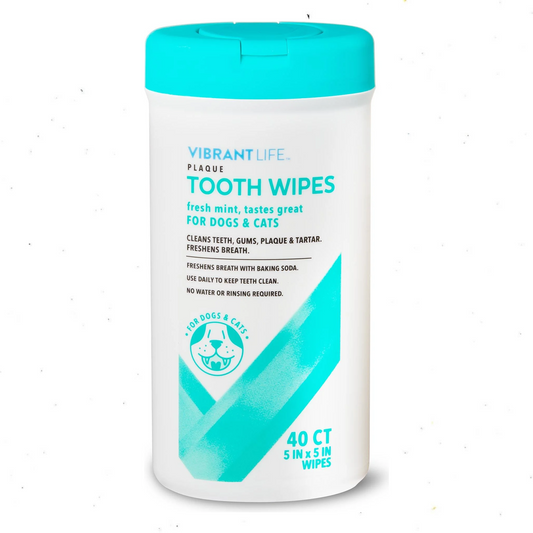 Toallitas Dentales VibrantLife para Perros y Gatos – 40 Unidades, Con Bicarbonato y Menta Fresca