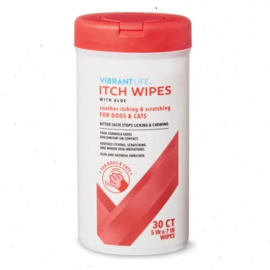 Toallitas Calmantes VibrantLife con Aloe – 30 Unidades, Alivio de Picazón para Perros y Gatos