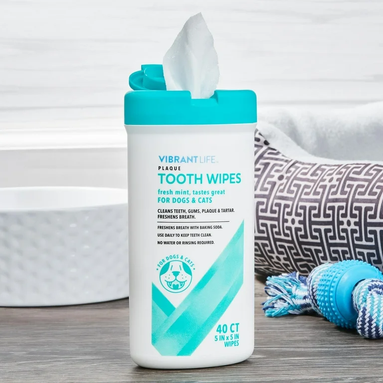 Toallitas Dentales VibrantLife para Perros y Gatos – 40 Unidades, Con Bicarbonato y Menta Fresca